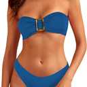 ZAFUL Women's Bandeau Bikini Sets Buckle Strapless Lace Up High Cut 2 Piece Swimsuit Solid Bathing Suit (Large)