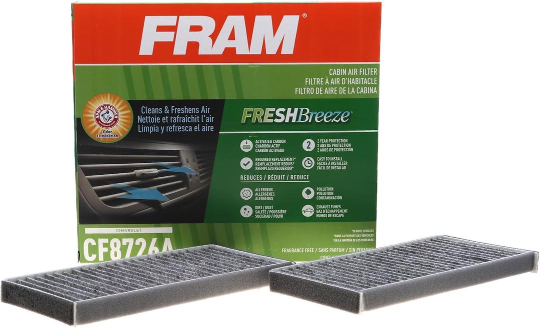 FRAM Fresh Breeze Cabin Air Filter Replacement for Car Passenger Compartment w/ Arm and Hammer Baking Soda, Easy Install, CF8726A for Select Chevrolet and Suzuki Vehicles (2.1" x 12.3" x 6.2")