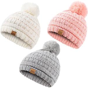 REDESS Baby Kids Winter Warm Hats, Infant Toddler Children Pom Pom Beanie Knit Cap Girls Boys (0-3T, Pink+light Gray+white)