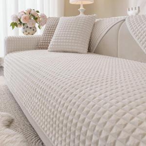Soft Plush Plaid Couch Cover Washable, Non Slip Fleece Sectional Sofa Covers for 3 Cushion Couch Sofa L Sharped Sofa Slipcover for Pets, Furniture Protector (1 PCS 27"x27" White)
