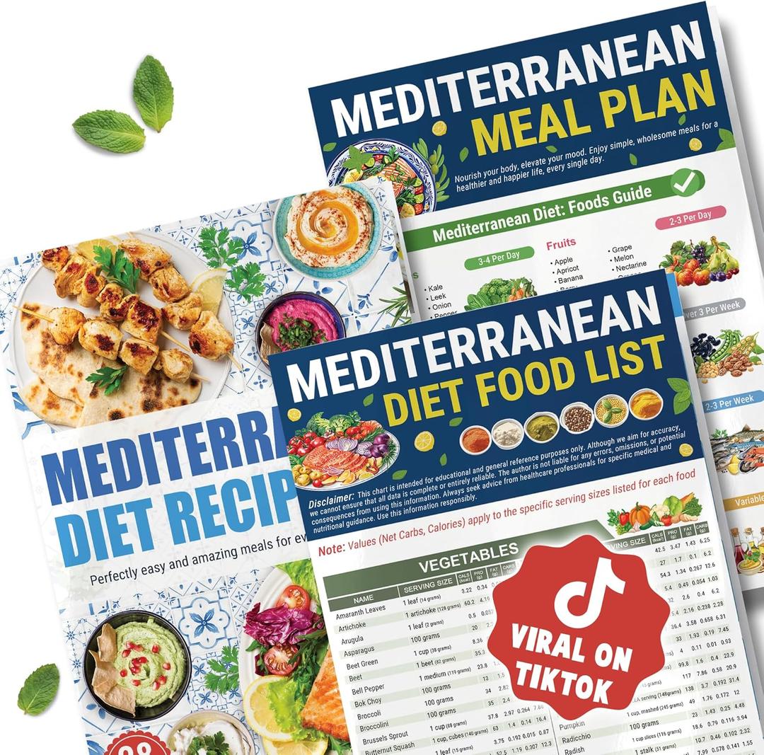 HAMIEW Mediterranean Diet Chart for Beginners & Seniors  Cookbook Guide Helps You Simplify Healthy Eating for Diabetes, Heart Health, Weight Loss | 3 Laminated With Food List, Meal Plan, 28+ Recipes