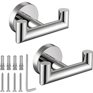 Towel Hooks for Bathrooms,Polished Chrome Towel Hook for Kitchen Bathroom,SUS304 Stainless Steel Coat Hook,Heavy Duty Double Towels Holder Hooks for Hanging Towels,Coats,Clothes,Wall Mount,2 Pack