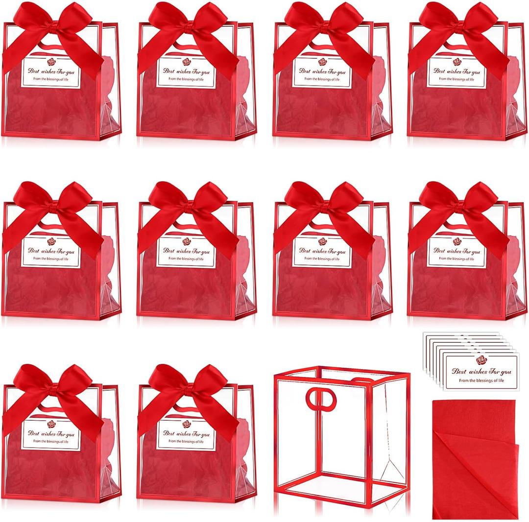 Tenare 12 Pack 42.84.5 Inch Mini Clear Plastic Gift Bags with Handles Wedding Extra Small Transparent Party Favor Bags Bulk with Ribbon Tissue Paper for Graduation Party Supplies(Red)