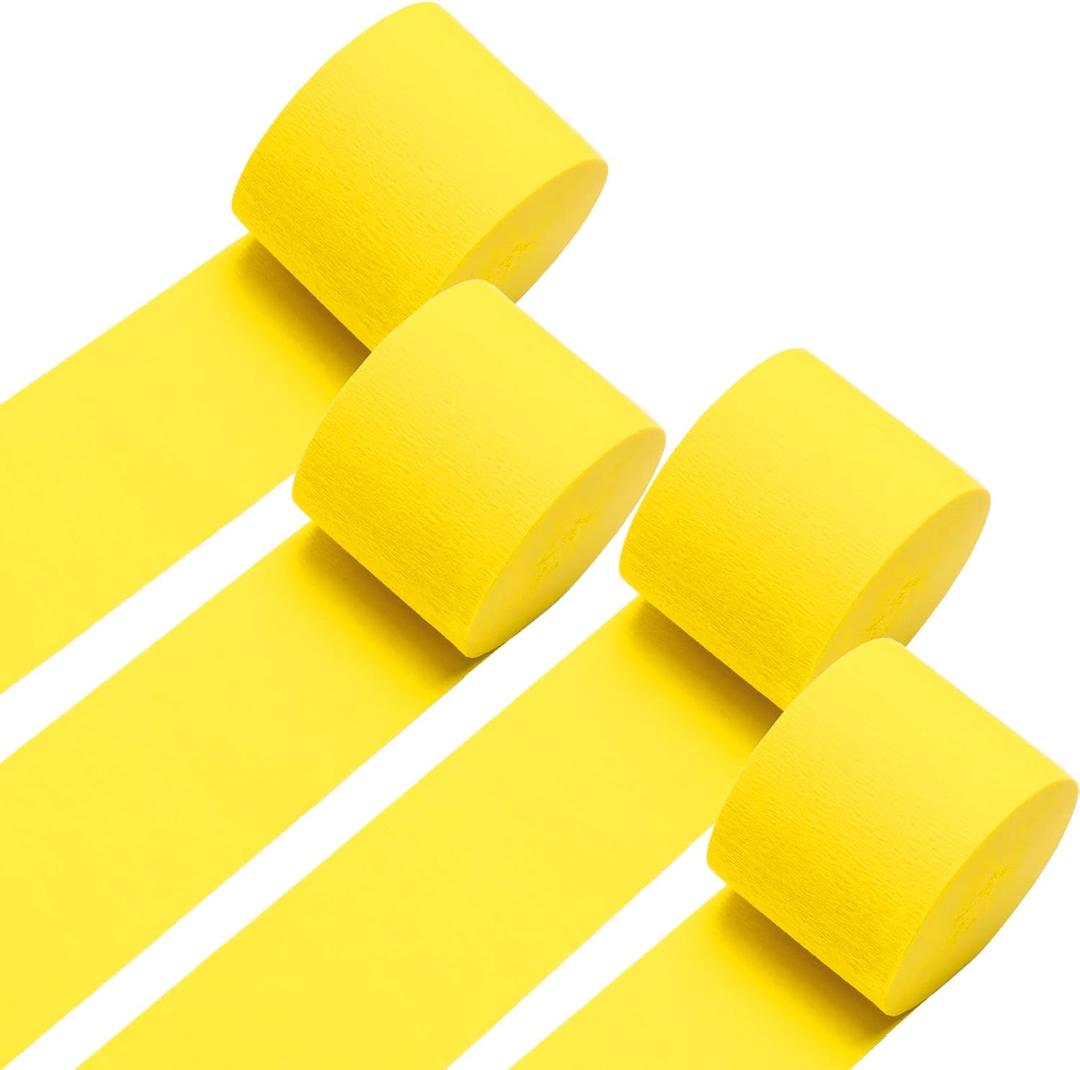 Yellow Crepe Paper Streamers 4 Rolls 328ft, Pack of Party Streamers for Party Decorations, Crepe Paper for Birthday, Baby Shower, Wedding Party Decorations (1.8 Inch x 82 Ft/Roll)