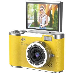 Digital Camera, 1080P HD 48MP Digital Point & Shoot Camera with 2.4 Inch HD Flip Screen, Built in LED Fill Light, 8X Digital Zoom, for Teens Students (Yellow)