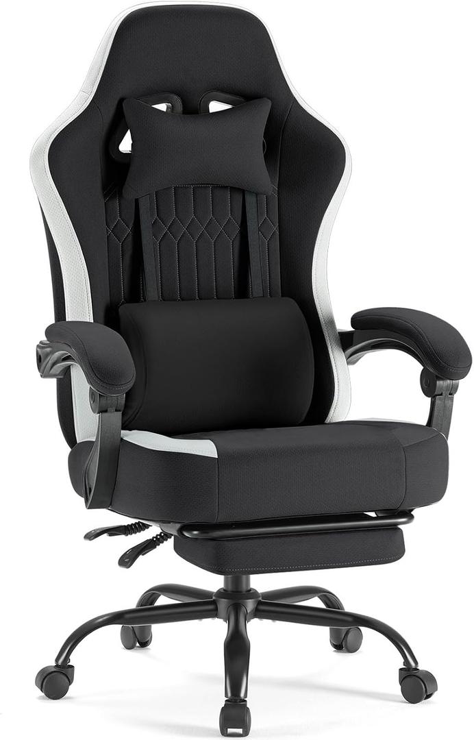 DUMOS Ergonomic Gaming Chair with Footrest, Video Game Chairs, Black, Fabric 20.62"D x 24.8"W x 53.97"H