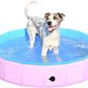 2025 Updated Foldable Dog Pool, 39.5" x 12" Kiddie Pool with Hard Plastic, Non-Slip Dog Bath Tub for Outdoor Backyard, Collapsible Dog Swimming Pool for Kids Dogs Pets (Pink)