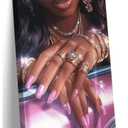Framed Pink Black Girl Canvas Wall Art Gorgeous Black Women Shiny Wall Decor Picture Fashion African American Woman Pink Nails Jewelry Poster Print for Living Room Bedroom Artwork Home Decoration, 23.5x15.5