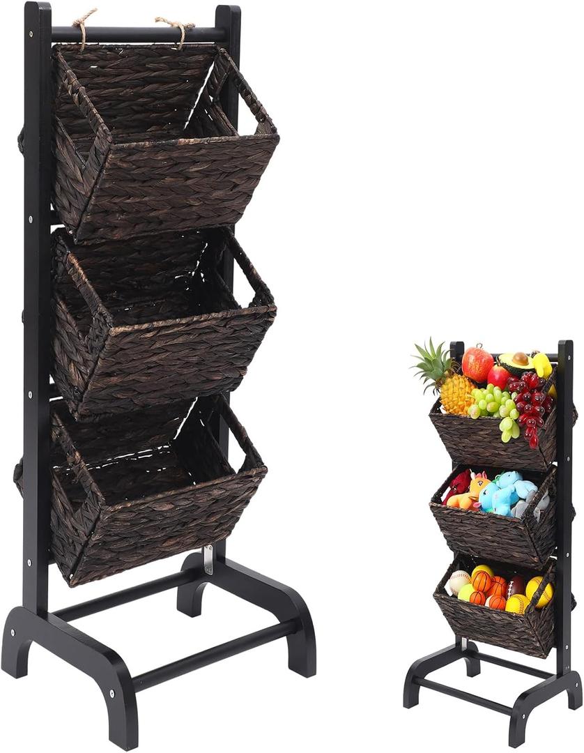 Wicker 3 Tier Foldable Storage Basket Floor Rack with Market Storage Basket Water Hyacinth Storage Rack Hand Woven Laundry Rack for Bathroom Kitchen Laundry Room Living Room Storage (Brown)