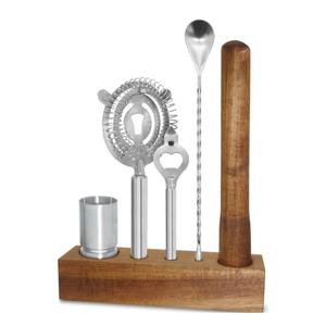 OGGI 5-Piece Slim Bartender Kit - Ideal Bar Cart Stainless Steel / Acacia