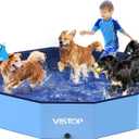 VISTOP Extra Large Foldable Dog Pool XXL, Hard Plastic Shell Portable Swimming Pool for Dogs Cats and Kids Pet Puppy Bathing Tub Collapsible Kiddie Pool (67inch.D x 11.8inch.H, Blue)