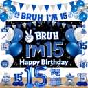 DARUNAXY 15th Birthday Party Decorations for Boys Girls, Blue Bruh Im 15 Banner, 15 Number Balloons & Cake Topper, Sweet 15 Years Old Birthday Honeycomb Hanging Swirls Party Supplies