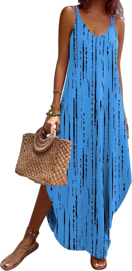 Zeagoo Women's Casual Sundress Summer Maxi Sleeveless V Neck Split Boho Beach Dress Travel Vacation Dress with Pockets (Medium, Zr459)