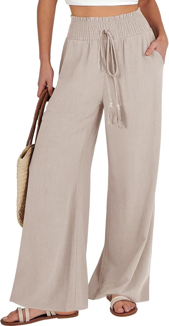 ANRABESS Women's Linen Pants Summer Casual Palazzo Beach Pant Drawstring High Waist Wide Leg Trousers Vacation Outfits (Apricot) S