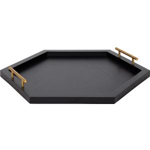 Kate and Laurel Halsey Hexagon Decorative Wooden Tray with Polished Metal Handles; 22 x 19; Black and Gold; Modern Glam Wood Hexagon Serving Tray for Display or Decoration