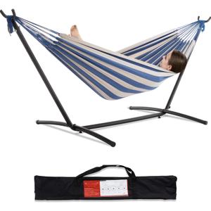 PNAEUT Double Hammock with Space Saving Steel Stand Included 2 Person Heavy Duty Garden Yard Outdoor 450lb Capacity Hammocks (Sky)