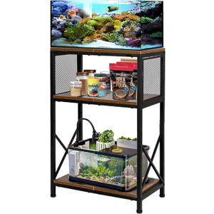 10 Gallon Fish Tank Stand, Aquarium Stand with 3-Tier Storage Shelves, Rustic Brown Metal Frame Turtle Tank,Adjustable Height Design (10 Gallon)