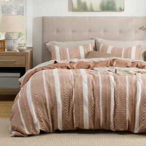 Bedsure Waffle Weave Duvet Cover King - 100% Cotton Boho Duvet Cover Set with 2 Pillowcases - Extra Soft Terracotta Textured Comforter Cover with Zipper Closure (King, 104"x90") (19 - Strip Terracotta (No Comforter))