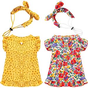 Frienda 2 Pcs Dog Dress Princess Floral Summer Puppy Dress with Bows Headband for Dog Cat Birthday Party Holiday Hawaiian Mermaid, Red and Yellow(L)