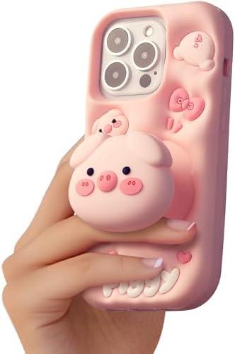 TUFTA Kawaii 3D Pig Phone Case with Stand and Grip for iPhone 15 Pro Max, Cute Cartoon Animal Phone Cover for Girls, Boys, Kids, Teens, and Womens Pink