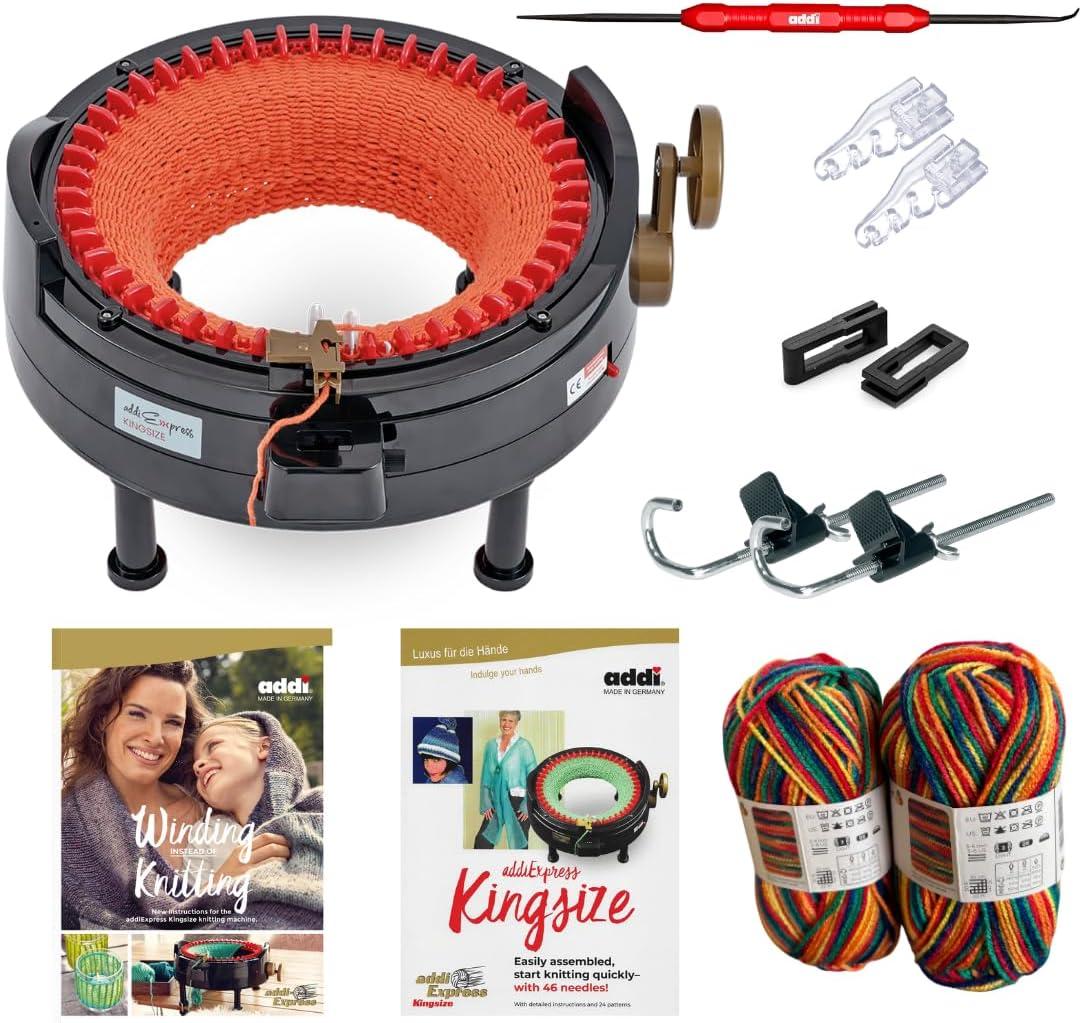 New Improved Version Of addi Express Kingsize Extended Starter Kit With New Improved Mechanical Row Counter. Knitting Machine, 2 Pattern Books, Hook, Replacement Needles, Stopper, Yarn