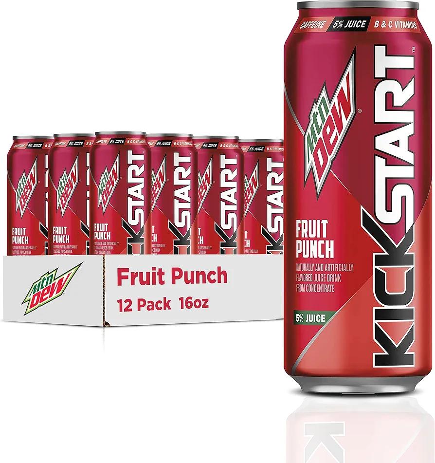 Mountain Dew Kickstart, Fruit Punch, 92mg Caffeine, Vitamins B & C, 80 Calories, 5% Juice, 16 fl oz (12 Count) EXP JUN222026