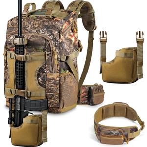Hunting Backpack 40L for Men, Tactical Camo Bow Rifle Backpack with Removable Waist Belt, PALS/MOLLE System, Waterproof Rain Cover, Flag & Whistle for Saddle Hunting