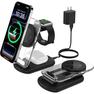 3 in 1 Magnetic Wireless Charging Station for Apple Devices, Fast Foldable Travel Mag-Safe Charger Stand with Night Light for iPhone 17 16 15 14 13 12 Series, Apple Watch/AirPods Pro (Upgraded Black)
