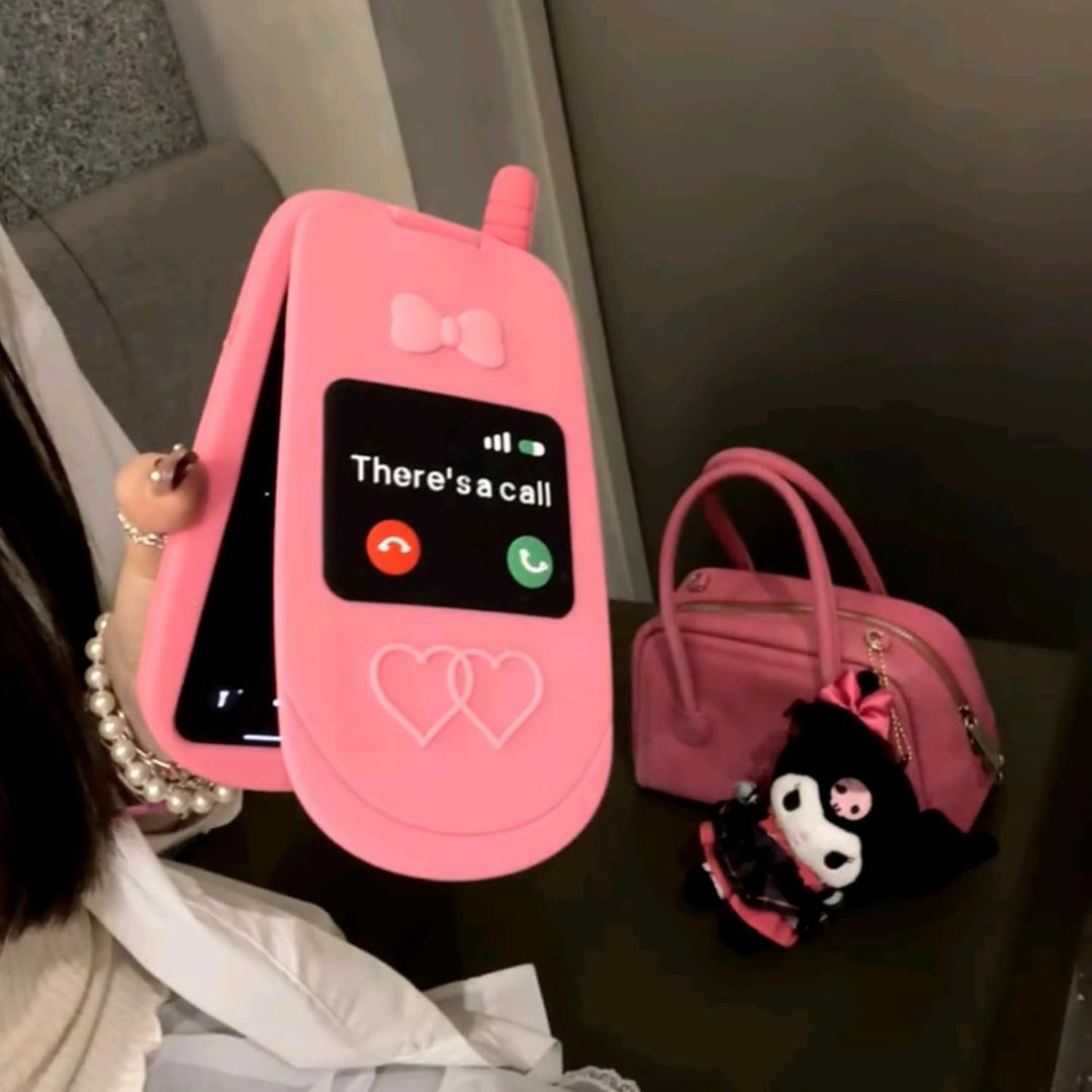 Pink Funny Phone Case for iPhone 15 Pro, Cute 3D Cartoon Hot Pink Retro Flip Mobile iPhone Case Protective Soft Silicone Cell Phone Case for Women Girls