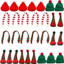 30 Packs Mini Santa Hats for Crafts, Holiday Knit Set with Tiny Santa Hats and Scarves, Christmas Tree Decorations and Doll Accessories, Green Red Striped Mini Snowman hats for Crafts and DIY Projects