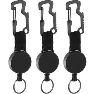 DELSWIN Retractable Key Chain Key-Rings - Heavy Duty Key Holder Belt Clip with Multitool Carabiner, Keychain Lanyard Badge Reels (Pack of 3) (Black)