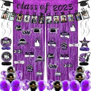 FRAMICS Graduation Decorations 2025, Graduation Banner Class of 2025, Graduations Photo Banner, Tinsel Backdrop Curtains, Ballons & Streamers Kit, Graduations Party Decorations, 82 Pieces, Purple
