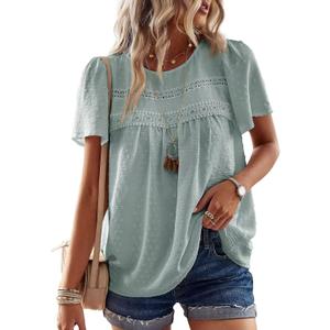 Womens Summer Tops Crewneck Short Sleeve Shirts Casual Chiffon Blouses Flowy Lace Hem Boho Clothing Trendy 2025 (Large, Gray-green)
