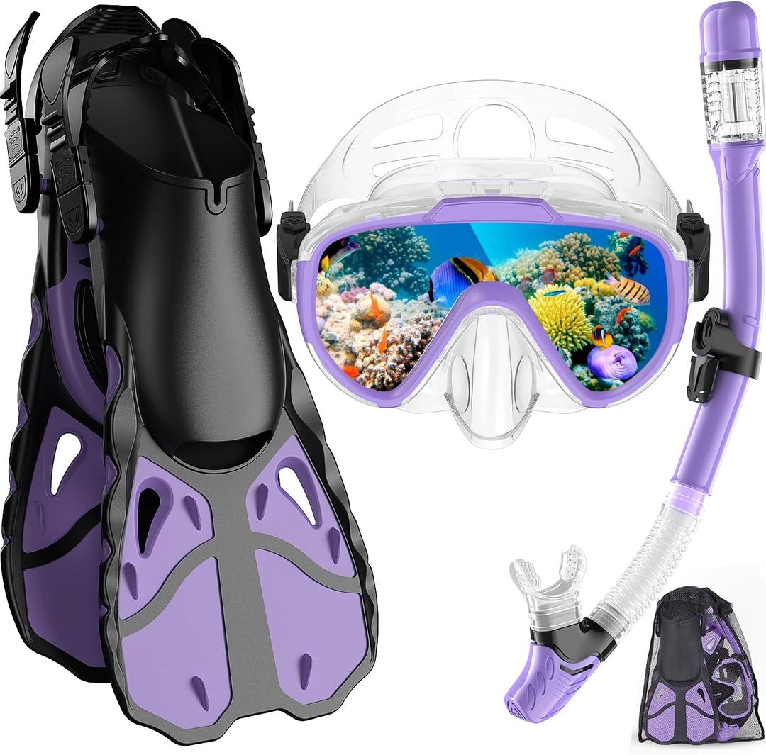 Snorkel Set with Fins for Adults, Snorkeling Gear for Adults Men and Women, Snorkle, Mask Set Adults Dry Top Snorkel Mask Combo Set with Travel Bag for Snorkeling, Diving, Swimming (Small-Medium, Purple)