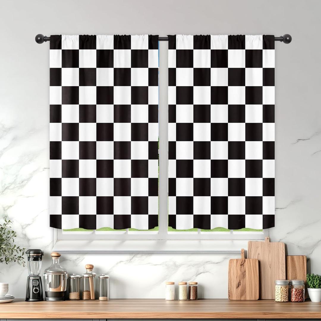 Black and White Checkered Kitchen Curtains 27.5Wx39H Inch Rod Pocket Short Small Kids Plaid Bathroom Window Curtains Checkerboard Door Curtains 2 Panel Window Treatment Set for Living Room