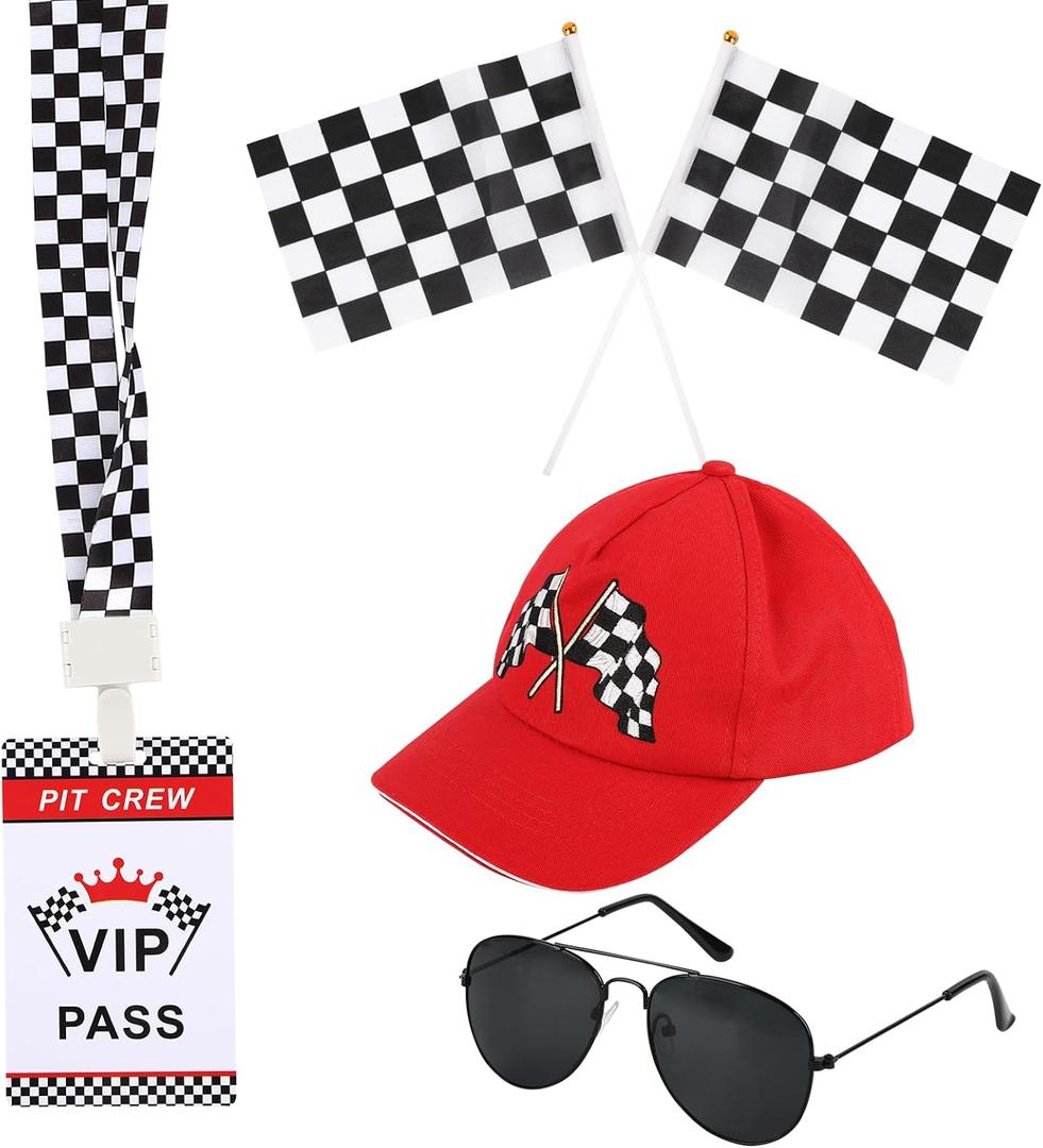 Kids Race Car Driver Costume Boys Girls Set Race Car Outfit Accessories Hats Eyeglasses Flags Racing VIP Pass Cards for Career Day Party