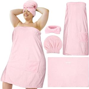 Tigeen Plus Size Towel Wrap for Women Spa Robe Set with Shower Hair Drying Turban Cap Towel Headband Adjustable Bathrobe (XXL-4XL, Pink)