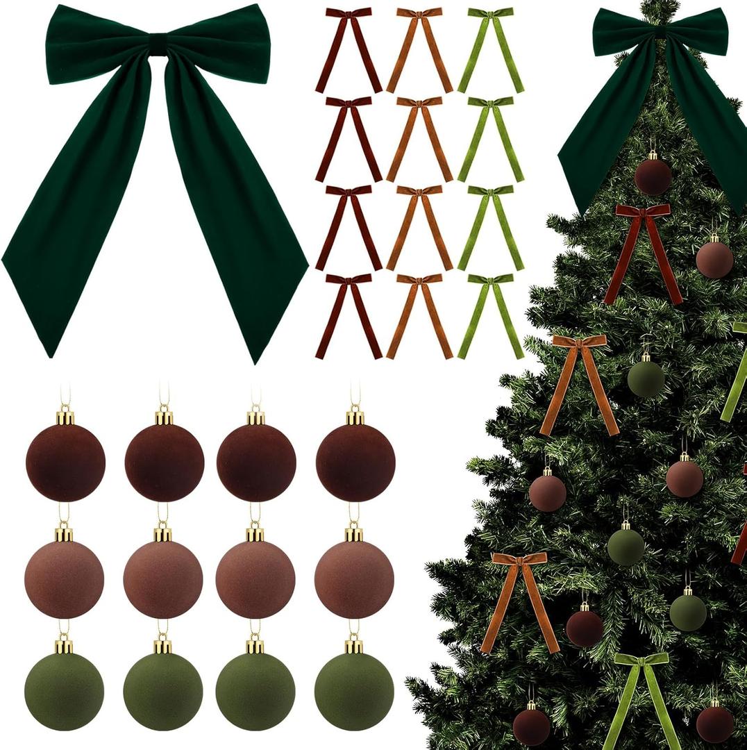 Soulchen 24 Pcs Neutral Velvet Christmas Ornaments Decor Kit 2.36 Inch 12 Christmas Tree Ornaments Balls 12 Vintage Green and Brown Velvet Bows for Xmas Tree Home Decor