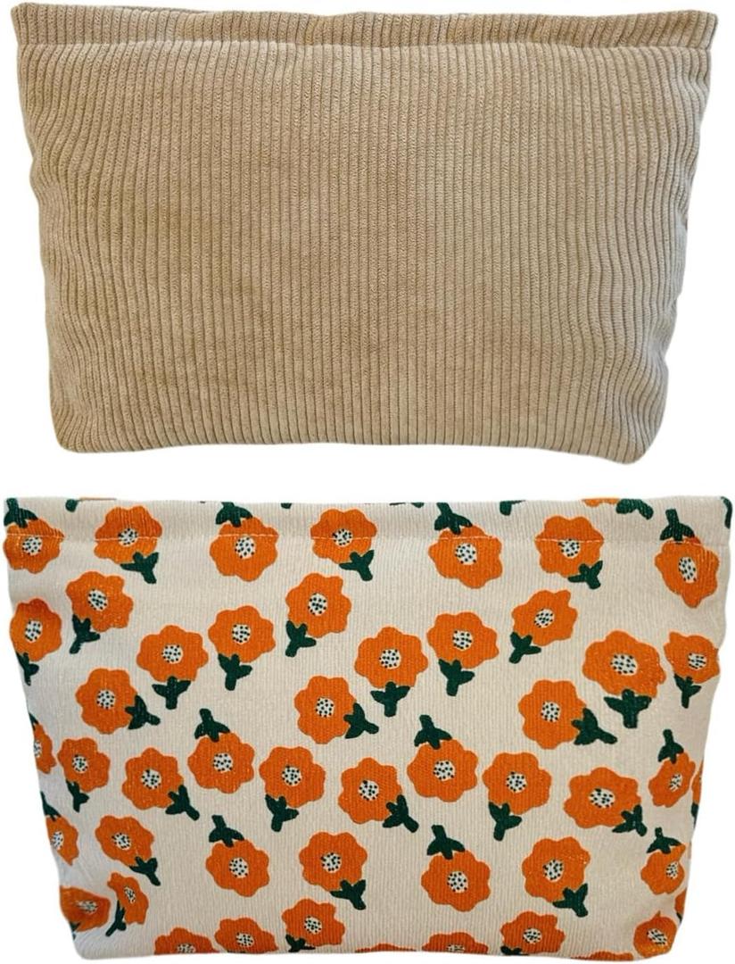 2 Large Makeup Bags Women's Corduroy Canvas Makeup Bag, Travel Makeup Bag, Wallet Organizer, Khaki and Orange Flower Pattern