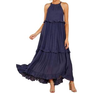 R.Vivimos Womens Summer Dress Sleeveless Halter Layered Ruffles Casual Boho Flowy Maxi Dress (Small, Navyblue)