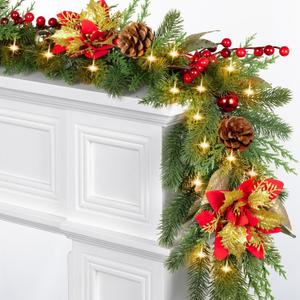 6.5 FT Christmas Garland with Lights & Timer, 20 LED Pre-lit Lighted Garland with Red Berry & Flower, Battery Operated Greenery Pine Cypress Garland Realistic for Fireplace Mantle Door Stairs Table