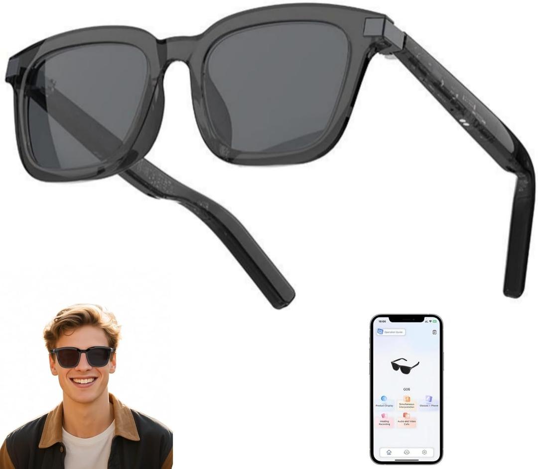 Tulbeys AI Smart Glasses with ChatGPT- Real-Time Translation (165+ Languages), Noise Cancelling, Open Ear Audio AI Translator Glasses, UV400 Smart Sunglasses, Auto On/Off Head Detection - Grey