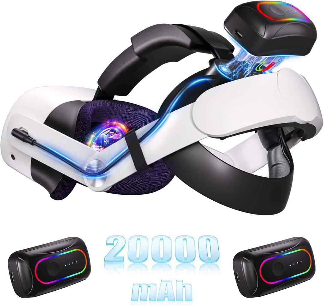 20000mAh Battery Head Strap Compatible with Meta/Oculus Quest 3 & 3S  Includes 2 Rechargeable Magnetic Battery Packs for Charging and Extended Playtime  Adjustable Head Strap Accessories