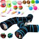 Poen 22pcs Cat Kitten Toys Set with 2 Collapsible Cat Tunnel and 20 Interactive Kitty Feather Toy, Fluffy Mouse, Crinkle Balls, for Kitten Puppy(Blue, Black)