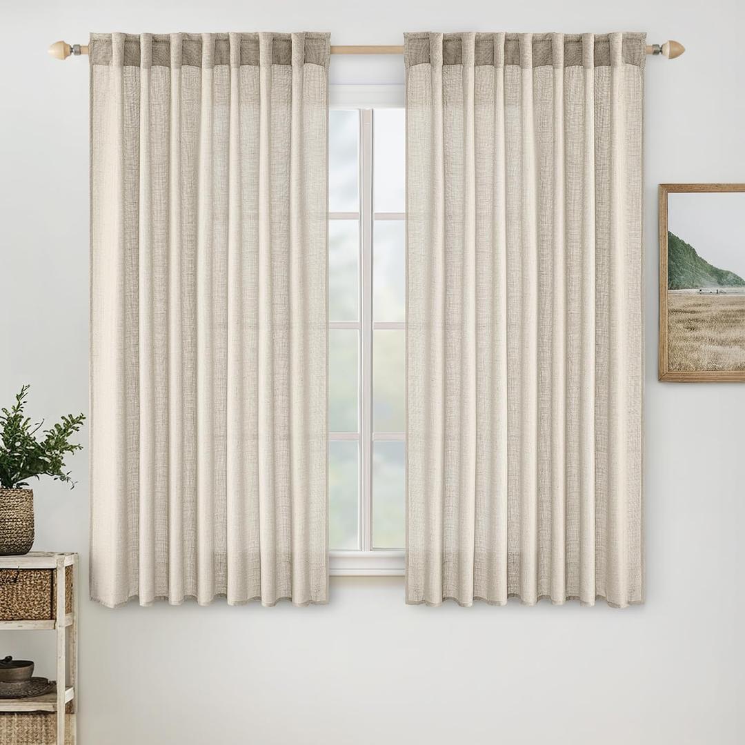 MIULEE Cream Linen Curtains 54 Inch Length 2 Panels for Bedroom Living Room, Soft Linen Textured Window Drapes Semi Sheer Light Filtering Back Tab Rod Pocket Farmhouse Modern Burlap Look Decor