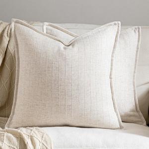 DEZENE 22x22 Linen Pillow Covers Beige Pack of 2 Farmhouse Boho Neutral Accents Striped Textured Square Decorative Throw Pillow Cases for Living Room Couch Bed Home Decor