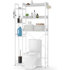 Over The Toilet Storage Shelf, 7-Tier Bathroom Organizer Shelf, Freestanding Space Saver Storage Shelf with Two Fabric Drawers & Adjustable Feet, Toilet Rack for Bathroom, Restroom, Laundry