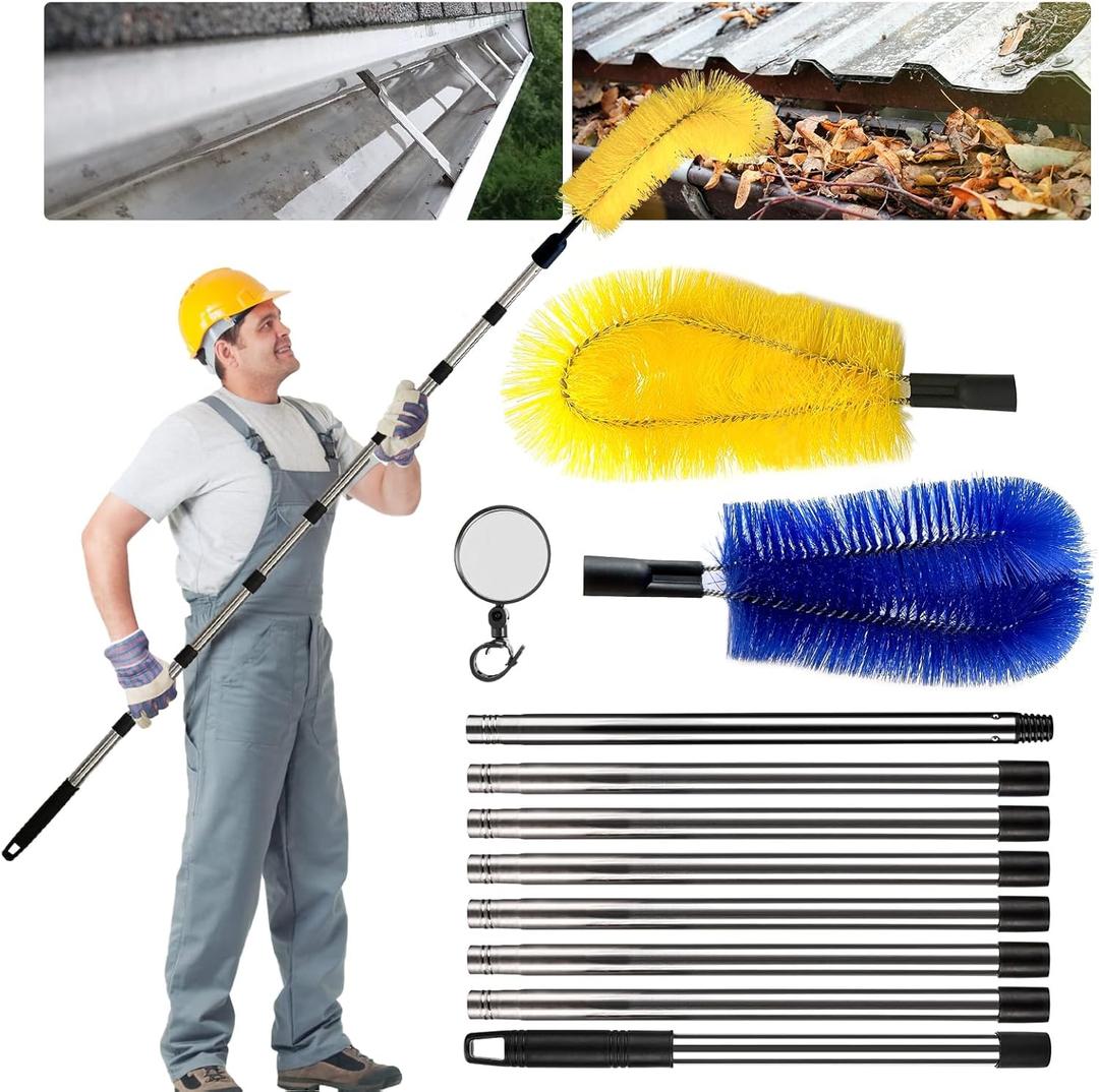 Gutter Cleaning Tools from The Ground, 10ft Gutter Cleaner with 2 Gutter Cleaning Brush, Roofing Tool Rain Gutter Guard Cleaner Tool, Easy Remove Leaves and Debris from The Ground, Yellow/Blue