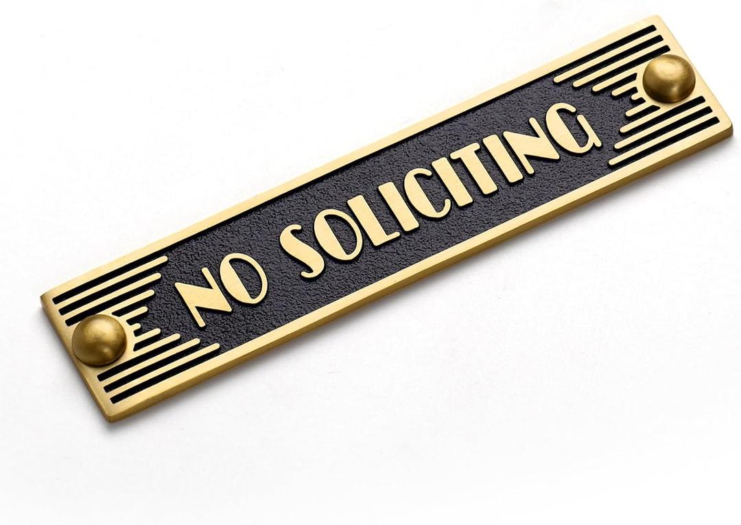 Brass No Soliciting Sign 5" - Classic Art Deco Style, Brushed Matte Finish, Hidden Screws and Nanotape Adhesive for Front Door, Wall Decor, Home, Office, Business - Rectangle