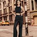 Women's Black Leather Pants - High Waist Faux Leather Straight Leg Bell Bottom Flare Pants (Black, S)